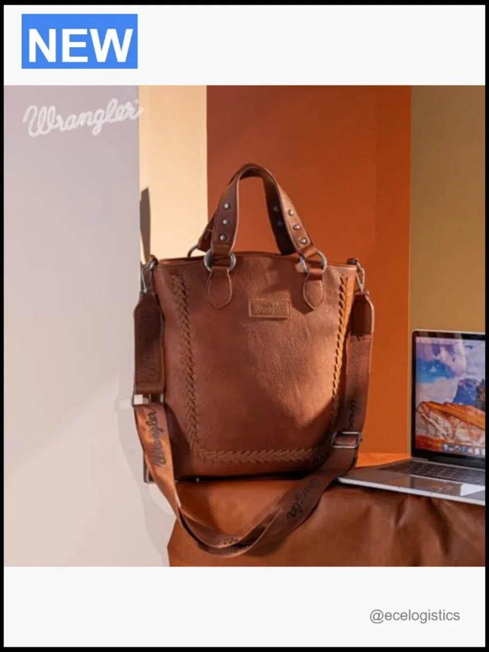 Large Crossbody Tote Bag with Whipstitch Design Guitar Strap